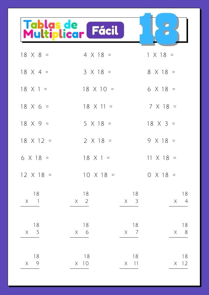 Imágenes con ejercicios para imprimir de la tabla del 18
